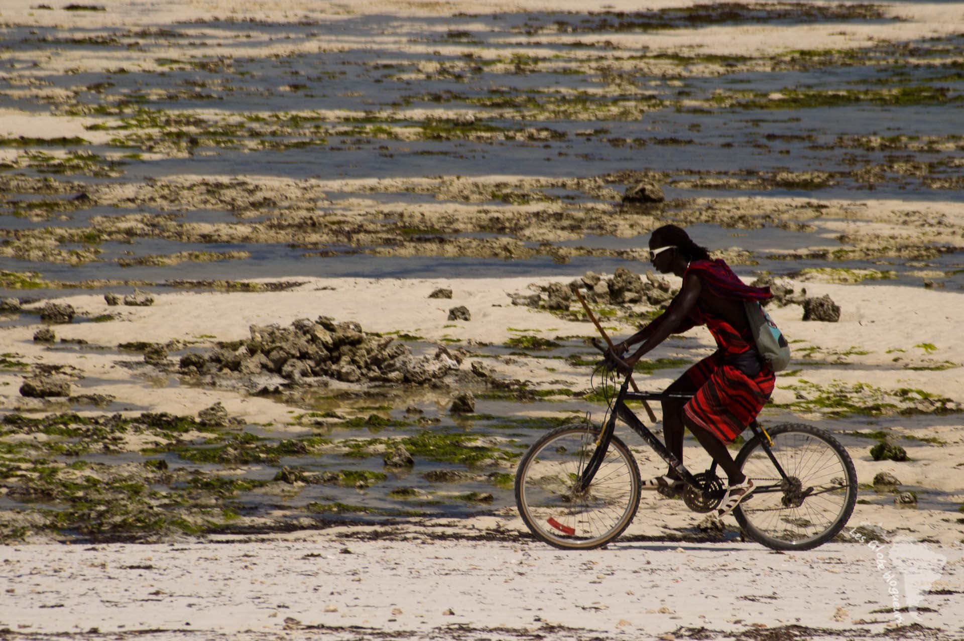 Un masai sur la plage à Zanzibar... Plutôt incongru !