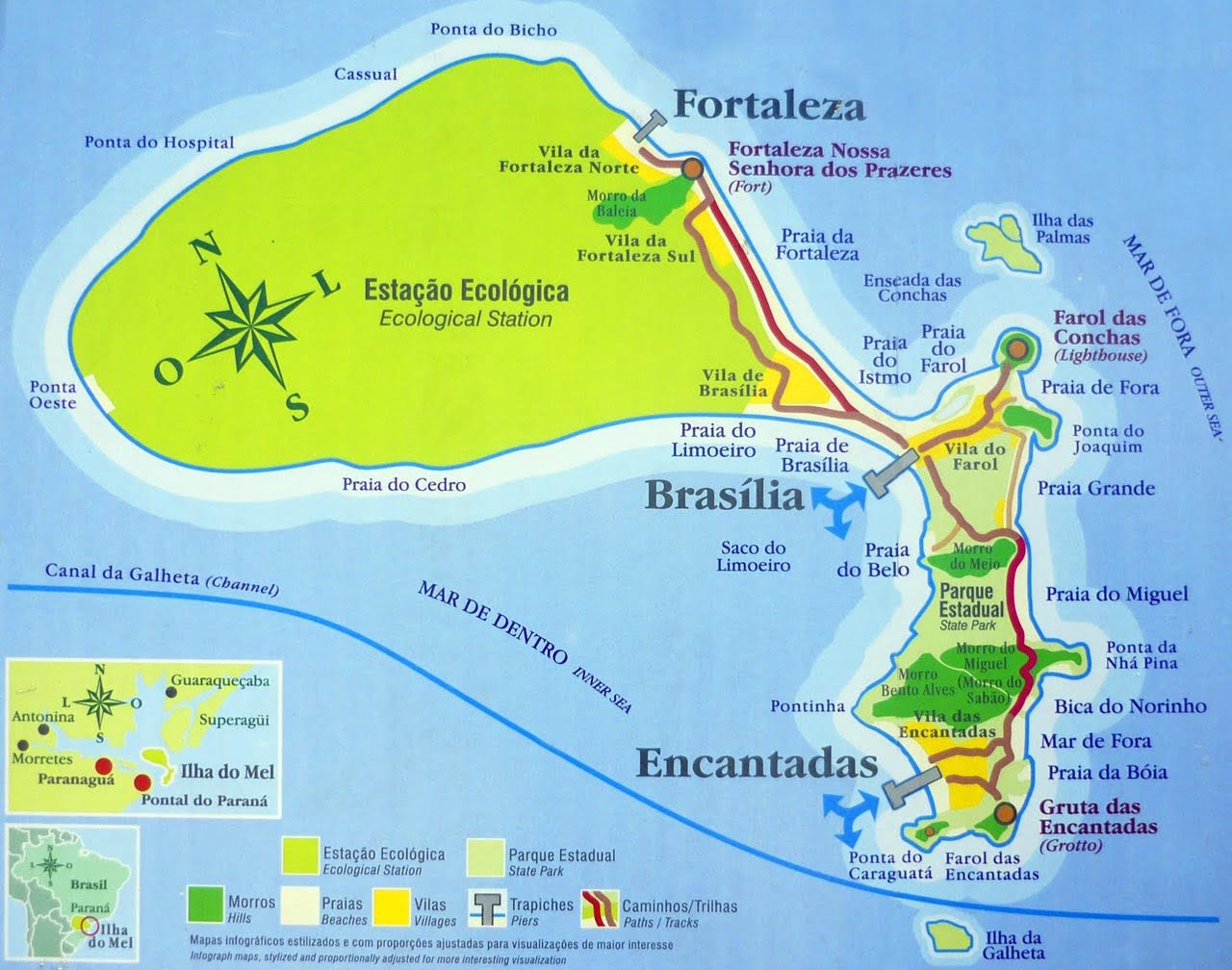 carte de l'ilha do mel, l'île du miel au au brésl